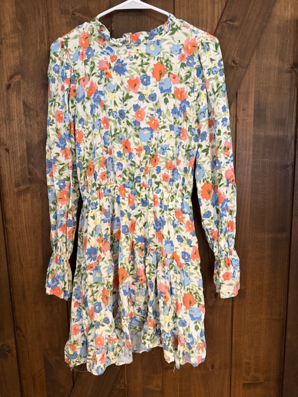 Floral Long-Sleeve Casual Dress in Cream with Coral & Blue Blooms